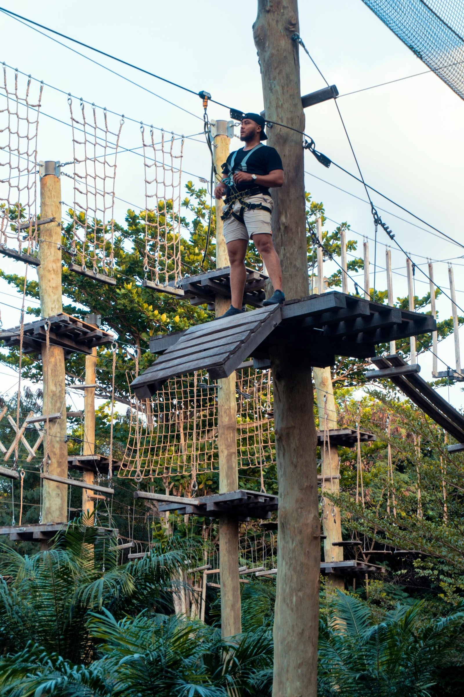 Man exploring a ropes course in a lush green adventure park on a sunny day.