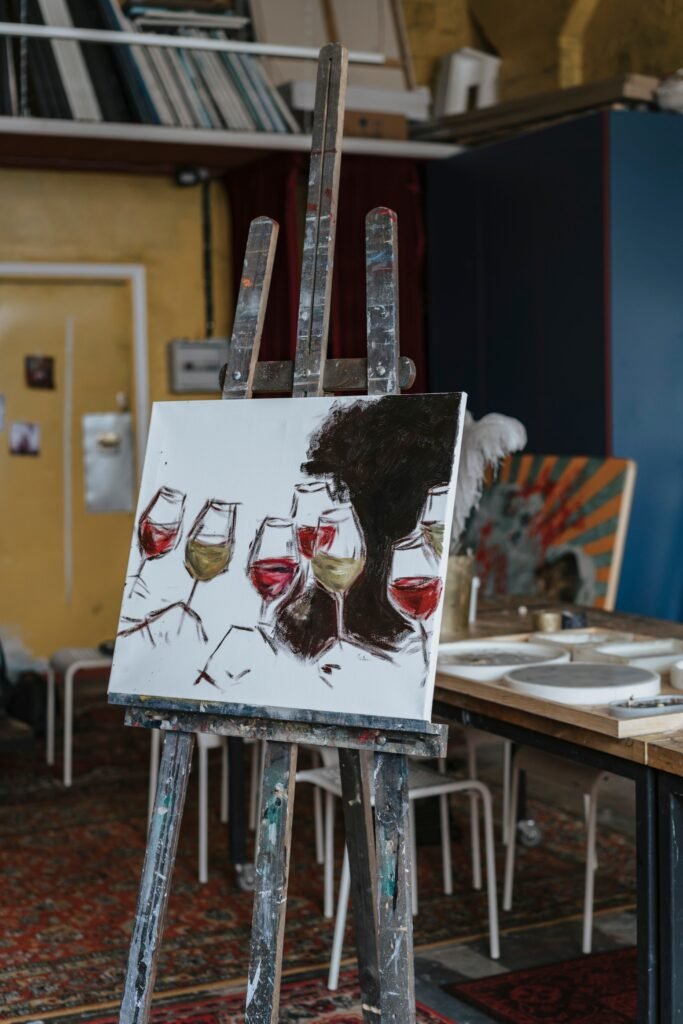 A canvas with abstract wine glass painting on an easel in a cluttered art studio.